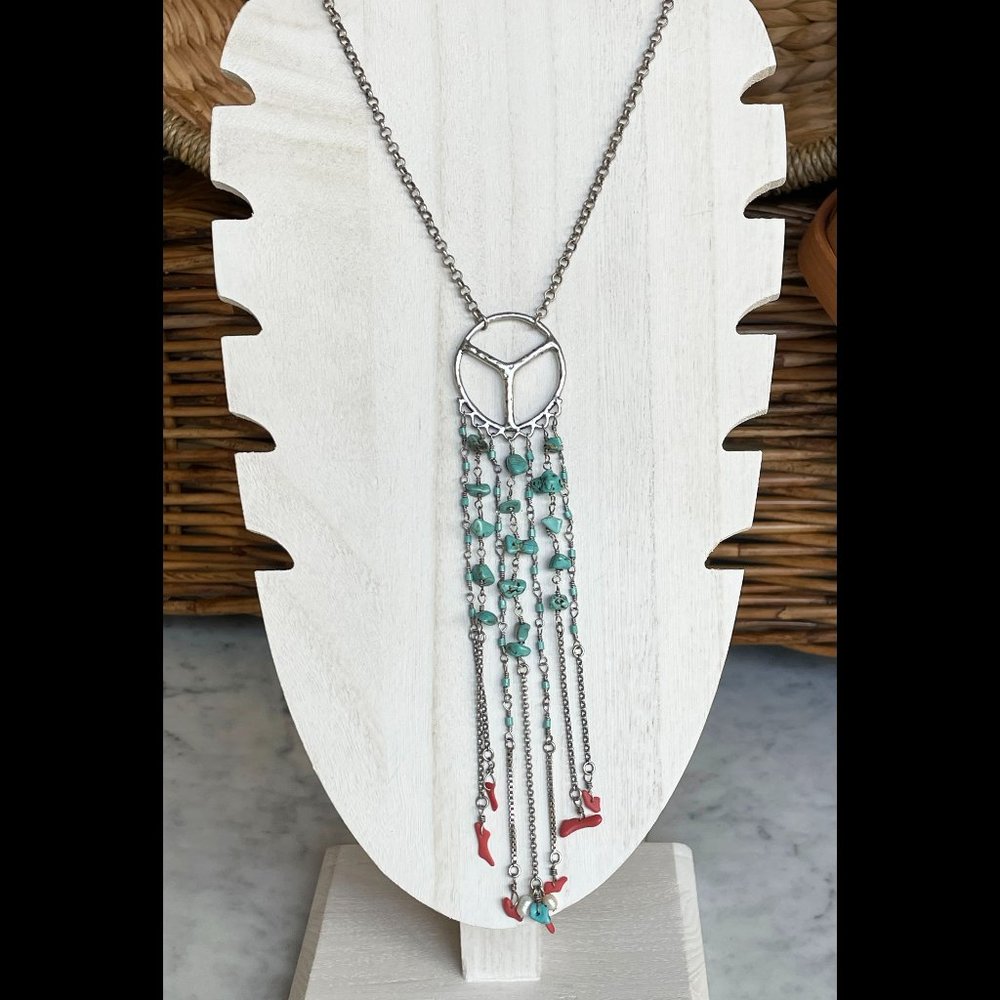 Lucky Brand Signed Necklace with Long Intricate 5” Peace Sign Pendant